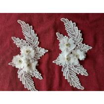 Renda Guipir Aplique flor strass e pérolas 3 D branco para roupa e véu 1 par 20 cm Renda Guipir Aplique flor strass e pérolas 3 D branco para roupa e véu 1 par 20 cm