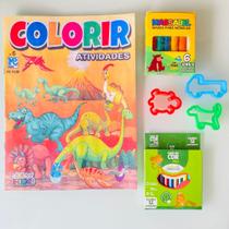 Revista infantil Colorir e Atividades Dinossauros + Lápis de cor e Massinha