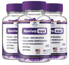 RevivaTrol Kit 3 Potes. Suplemento com Trans Resveratrol, Ácido Hialurônico, Colágeno Verisol, Retinol, Biotina. 60 Unid o pote.