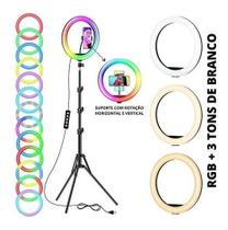 Ring Light 10 Polegadas + Tripé 2,10 + Suporte Cel iluminador anel 50 cores RGB