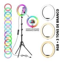 Ring Light 10 Polegadas + Tripé 2,10 + Suporte Cel iluminador anel 50 cores RGB