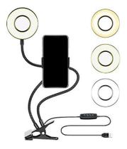 Ring Light 2 em 1 com Garra Suporte para Celular e Mesa Iluminador USB 3 Cores - LED Force