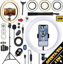 Ring Light 26cm Iluminador Anel Led Circular Completo + Tripé Profissional Microfone de Lapela Controle Bluetooth Selfie