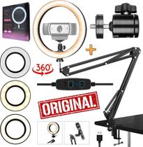 Ring Light Aro Luz de Led Iluminador Hing + Suporte Mesa Pedestal Bancada Braço Articulado Webcam Universal 1/4 Estúdio