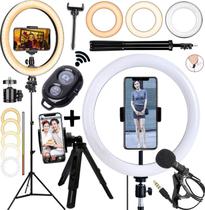 Ring Light Completo Profissional Celular Suporte Tripé Luz Led Anel Iluminação 26cm Selfie Makeup Microfone + Bluetooth