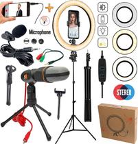 Ring Light Iluminador Led Anel Tripé Profissional Completo Suporte Celular Microfone Condensador Lapela Gravação Vídeo