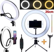 Ring Light Iluminador Luz Anel Led 26cm Profissional 3 Cores Suporte Celular + Mini Tripé Selfie Foto Vídeos Maquiagem