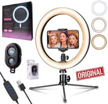 Ring Light Iluminador Luz Anel Led Flash 26cm Profissional 3 Cores Suporte Celular Universal Youtuber + Bluetooth