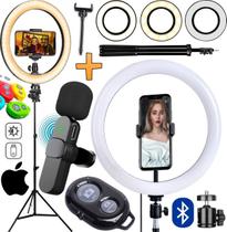 Ring Light Iluminador Luz Led Tripé 2 Metros Microfone Lapela Sem Fio Para iPhone Fimagem no Celular Foto Vídeo Estúdio