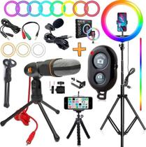Ring Light Iluminador Rgb Colorido Luz Led Hing Make Profissional + Tripé Microfone Condensador + Lapela Gravação Vídeo