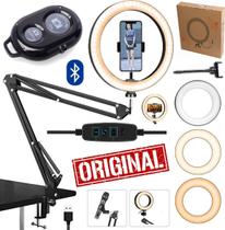 Ring Light Luz Led Hing Iluminador 26cm Completo Suporte de Mesa Braço Articulado Maquiagem Youtuber Celular + Bluetooth