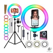 Ring Light RGB Colorido 26cm Universal + Tripé 2,10m - Booglee