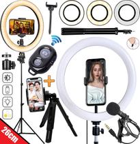 Ringlight 26 Cm Led Celular Tripe Microfone Luz Para Selfie Blogueiro Filmagem Youtuber Controle Bluetooth Foto e Vídeos