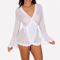 Robe Curto de Luxo Ilustre em Tule e Renda com Transparência - Branco Robe Curto de Luxo Ilustre em Tule e Renda com Transparência - Branco