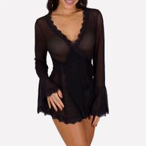 Robe Curto de Luxo Ilustre em Tule e Renda com Transparência - Preto Robe Curto de Luxo Ilustre em Tule e Renda com Transparência - Preto