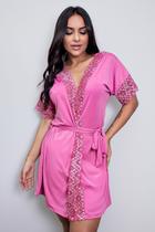 Robe de Luxo Microfibra Com Renda Hobby Roupão Roupa de Dormir com Cinto Lingerie Sexy para Noite Especial Manga Curta