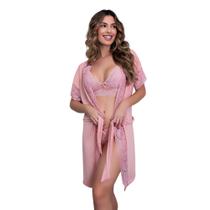 Robe de Luxo Microfibra Renda Hobby Roupão Dormir com Cinto Lingerie Sexy Noite Especial Manga Curta