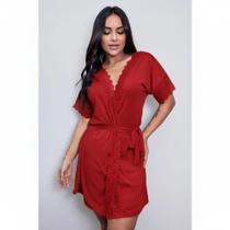 Robe de Luxo Microfibra Renda Hobby Roupão Dormir com Cinto Lingerie Sexy Noite Especial Manga Curta