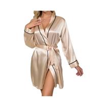 Robe De Noite Elegante Feminina De Manga Longa Em Cetim Com Decote Em V E Cinto