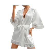 Robe De Seda Elegante Para Mulheres Com Detalhes Em Renda, Decote Em V, Cintura Ajustável, Roupa De Robe De Seda Elegante Para Mulheres Com Detalhes Em Renda, Decote Em V, Cintura Ajustável, Roupa De