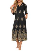 Robe Ekouaer feminino com zíper, mangas 3/4, comprimento total, preto Robe Ekouaer feminino com zíper, mangas 3/4, comprimento total, preto