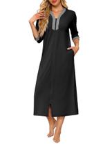 Robe Ekouaer feminino com zíper, mangas 3/4, comprimento total, preto Robe Ekouaer feminino com zíper, mangas 3/4, comprimento total, preto
