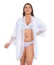 Robe Manga Longa Microfibra Renda Luxo Plus Size Florallys Branco