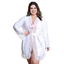 Robe Roupão Camisola Baby Doll Manga Longa Plus Size Lingerie Sensual Detalhes Renda Branco Robe Roupão Camisola Baby Doll Manga Longa Plus Size Lingerie Sensual Detalhes Renda Branco