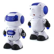 Robô brinquedo dançante com luz colorida e música.