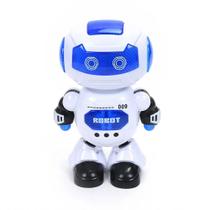 Robô brinquedo dançante com luz colorida e música.