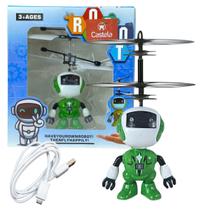 Robozinho Verde Brinquedo Voador Sensor De Mão Luz Robô Voa Castela