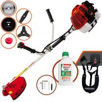 Roçadeira 43cc Kawashima KW43L À Gasolina 1,7HP 10.000rpm Robusta e de Alta Performance Com 5 Opções de Cortes, Carretel + Faca 2 Pontas + Faca 3 Pontas + Faca 40 Dentes + Faca 80 Dentes + ÓLEO STIHL