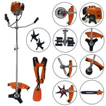 Roçadeira 52cc 2,5HP com Motopodador de Galhos, Enxada Capinadeira, Lâminas de Arado, Escova de Aço, Lamina 6 Pontas e Carretel Trimer Carbon Fak