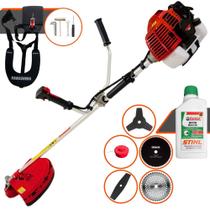 Roçadeira 52cc Kawashima KW52L À Gasolina 2,5HP 10.000rpm Robusta e de Alta Performance Com 5 Opções de Cortes, Carretel + Faca 2 Pontas + Faca 3 Pontas + Faca 40 Dentes + Faca 80 Dentes + ÓLEO STIHL