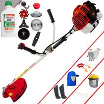 Roçadeira À Gasolina Kawashima KW43-L 43cc 1,7HP 10.000rpm 8 Opções de Cortes Com Facas 2 Pontas, 3 Pontas, 6 Pontas, 40 Dentes de Vídea, 80 Dentes, Trimmer, Escova e Carretel + EPI + ÓLEO STIHL 2T