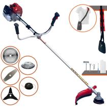 Roçadeira Aparador de Grama Kawashima BCJ431L À Gasolina 43cc 1,7HP 10.000rpm Profissional Multifunções Com Carretel + Lâmina Facão + Lâmina 3 Pontas + Lâmina 40 Dentes Vídea + Escova de Aço 38 Cerdas