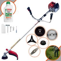 Roçadeira Aparador de Grama Kawashima BCJ521L À Gasolina 52cc 2,5HP Alta Rotação e Performance Com Kit Faca 2 Pontas, Faca 3 Pontas, Faca 40 Dentes e Faca 80 Dentes + Carretel de Nylon + ÓLEO STIHL 2T