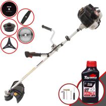 Roçadeira Aparador de Grama Kawashima KW52LE À Gasolina 52cc 2,5HP Alta Rotação e Performance Com Kit Faca 2 Pontas, Faca 3 Pontas, Faca 40 Dentes e Faca 80 Dentes + Carretel Nylon + ÓLEO TOYAMA 2T
