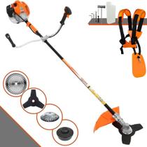 Roçadeira Aparador de Grama Vulcan VR520H À Gasolina 2T 52cc 2,5HP 10.000rpm Profissional Completa Com 4 Opções de Corte Lâmina 3 Pontas, Lâmina 40 Dentes, Carretel de Nylon e Escova de Aço Giratória