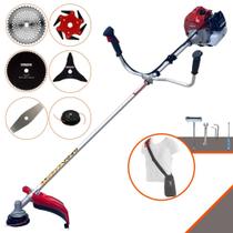Roçadeira Completa Kawashima BCJ431L À Gasolina 2T 43cc 1,7HP Alta Potência e Rotação Com Cabeçote de Nylon e Lâmina Facão + Lâmina 3 Pontas, Lâmina 6 Pontas, Lâmina 40 Dentes, Lâmina 80 Dentes