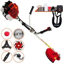 Roçadeira Completa Kawashima KW43L À Gasolina 2 Tempos 43cc 1,7HP Lateral Alta Potência e Rotação Com Cabeçote de Nylon e Lâmina 3 Pontas + Lâmina Facão, Lâmina 6 Pontas, Lâmina Circular e Trimmer