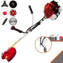 Roçadeira Completa Kawashima KW43L À Gasolina 2T 43cc 1,7HP Alta Potência e Rotação Com Cabeçote de Nylon e Lâmina 3 Pontas + Lâmina 2 Pontas, Lâmina 6 Pontas, Lâmina 40 Dentes, Lâmina 80 Dentes