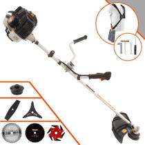 Roçadeira Completa Kawashima KW43LE À Gasolina 2T 43cc 1,7HP Alta Potência e Rotação Com Cabeçote de Nylon e Lâmina 3 Pontas + Lâmina 2 Pontas, Lâmina 6 Pontas, Lâmina 40 Dentes, Lâmina 80 Dentes