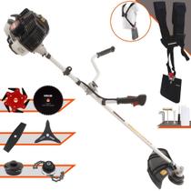 Roçadeira Cortador de Grama Kawashima KW43LE À Gasolina 43cc 1,7HP de Alta Rotação Completa Com Carretel de Nylon e Lâmina 3 Pontas + Kit Lâmina 2 Pontas, Lâmina 6 Pontas, Lâmina 80 Dentes e Trimmer