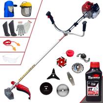 Roçadeira Kawashima BCJ620L 2T 62cc 3HP Alta Potência 8 Em 1 Com Carretel e Faca 2 Pontas + Faca 3 Pontas, Faca 6 Pontas, Disco 40 Dentes Vídea, Disco 80 Dentes, Trimmer e Escova + EPI + ÓLEO TOYAMA