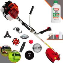 Roçadeira Kawashima KW43-L 43cc 1,7HP 10.000rpm 8 Em 1 Com Carretel e Faca 3 Pontas + EXTRA Faca 2 Pontas + Faca 6 Pontas + Faca 40 Dentes + Faca 80 Dentes + Trimmer + Escova de Aço + ÓLEO STIHL 2T