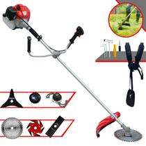 Roçadeira Máquina de Cortar Grama Anmax CG520P-TB À Gasolina 2T 52cc 2,2HP de Potência Alta Rotação Com Cabeçote de Nylon e Lâmina 2 Pontas + Kit Lâmina 3 Pontas, Lâmina 40 Dentes de Vídea e Trimmer