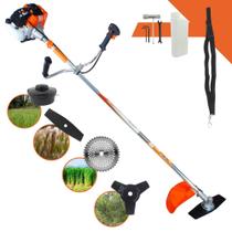 Roçadeira Máquina de Cortar Grama Vulcan VR430-S À Gasolina 43cc 1,7HP de Potência Alta Rotação Multifunções Com Cabeçote de Nylon e Lâmina 2 Pontas + Kit Lâmina 3 Pontas e Lâmina 40 Dentes de Vídea