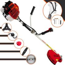 Roçadeira Multifuncional Completa Kawashima KW52-L À Gasolina 2 Tempos 52cc 2,5HP Alta Potência e Rotação Com Cabeçote de Nylon e Lâmina 3 Pontas + Lâmina 2 Pontas, Lâmina 40 Dentes de Vídea e Trimmer
