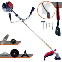 Roçadeira Multifunções À Gasolina Kawashima BCJ431L 2T 43cc 1,7HP Alta Rotação e Potência Com Carretel de Nylon e Lâmina Facão + Kit Extra Lâmina 3 Pontas, Lâmina 80 Dentes e Escova de Aço Circular